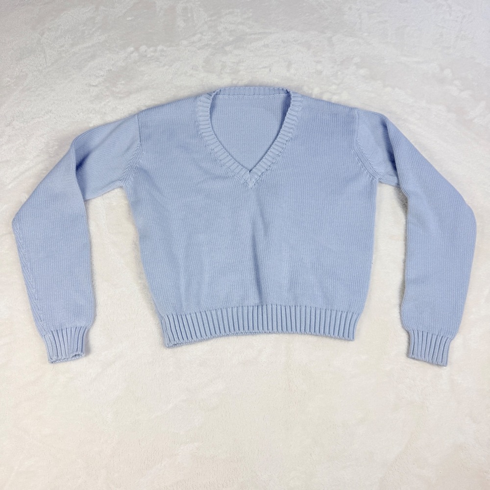 Womens Cotton V Neck Sweater XS Light Blue Made in Italy Cropped Old Money